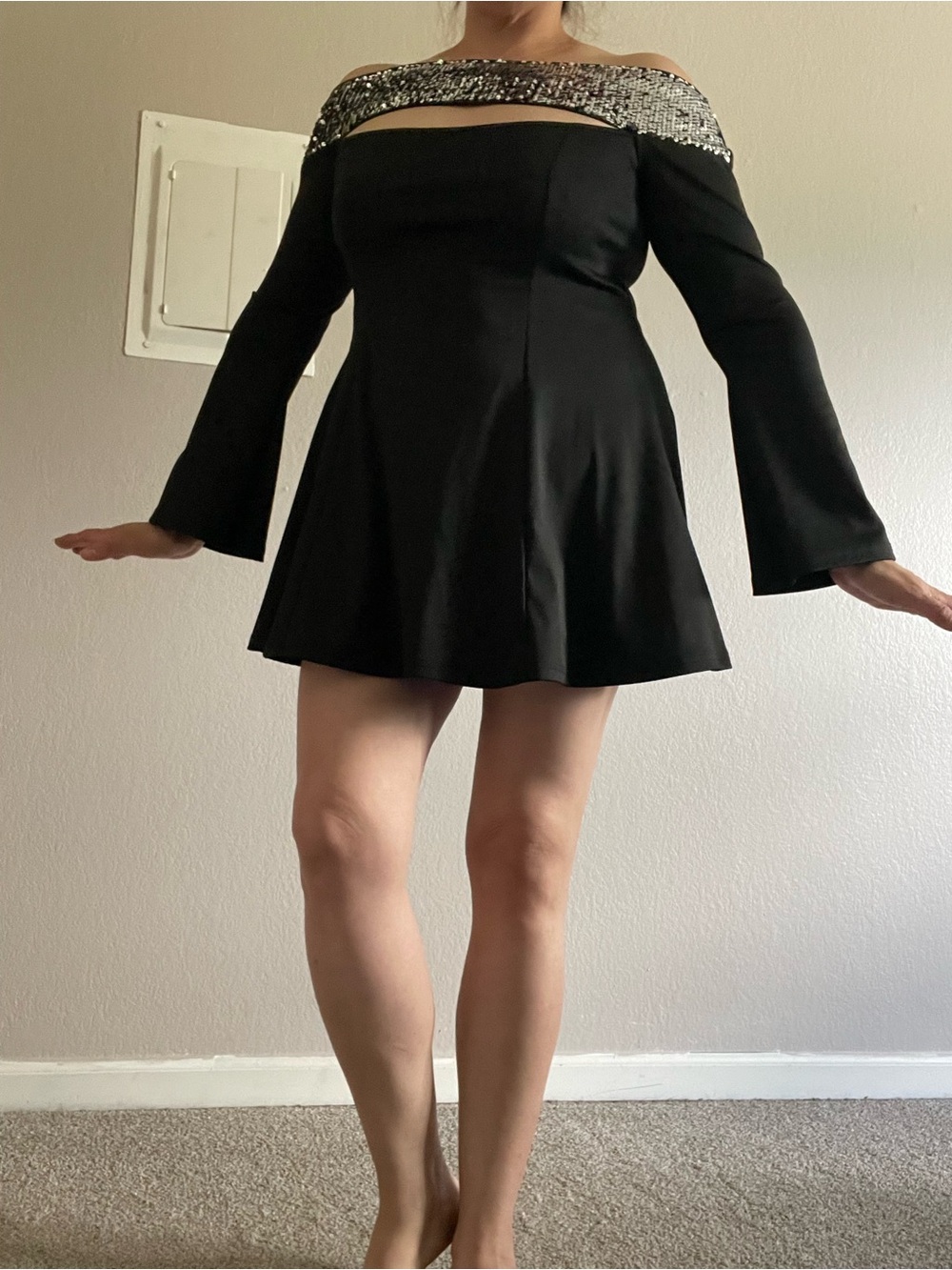 Off-Shoulder Black Mini Dress with Sparkle Trim
